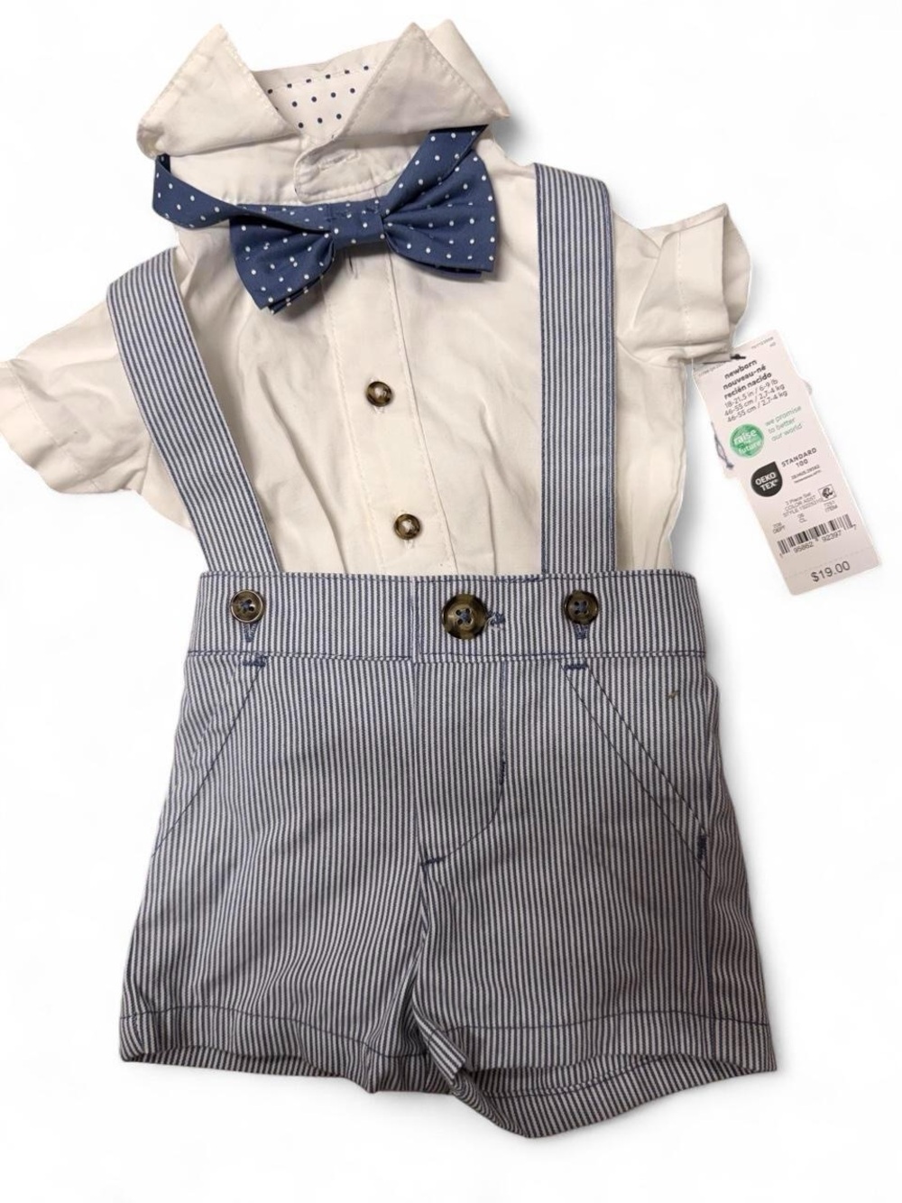Navy Pinstripe Kids Suspenders Shorts Set with Bow Tie